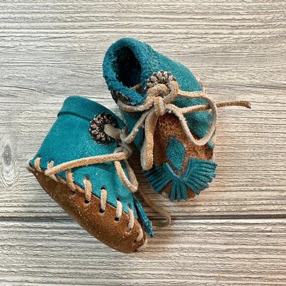 Hand Sewn Turquoise Deer Hide Baby Moccasins - Picture 7 of 16
